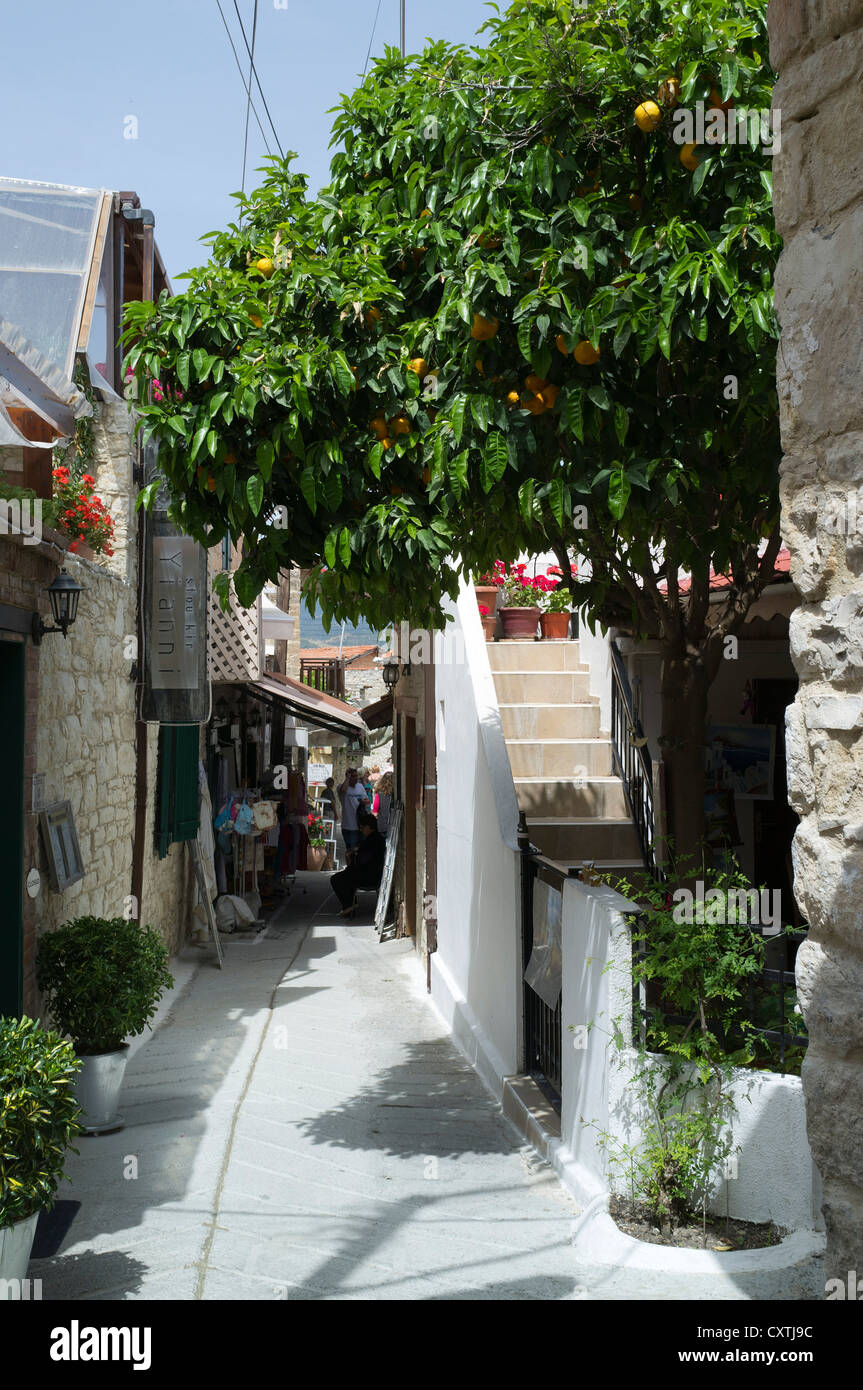 dh Omodos TROODOS CIPRO cipriota arance albero con frutta arance villaggio vicolo strada montagne villaggi greci Foto Stock