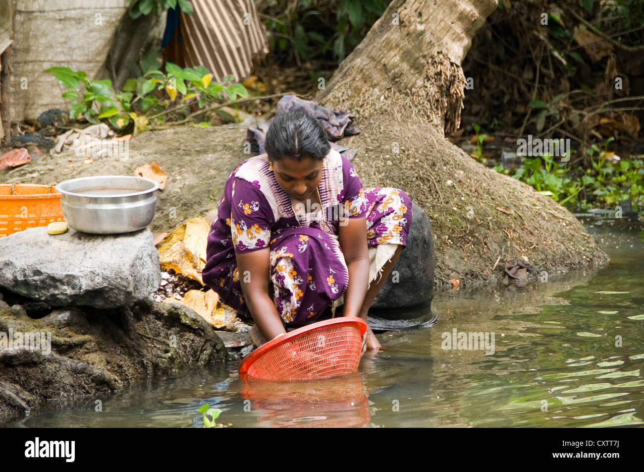 Posizione orizzontale ritratto di una giovane donna indiana la pulizia delle cozze dal lato del fiume in Kerala. Foto Stock