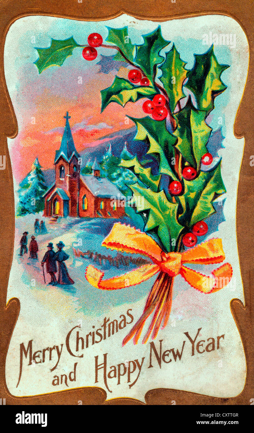 Buon Natale e Felice Anno Nuovo - scena invernale su una scheda vintage Foto Stock