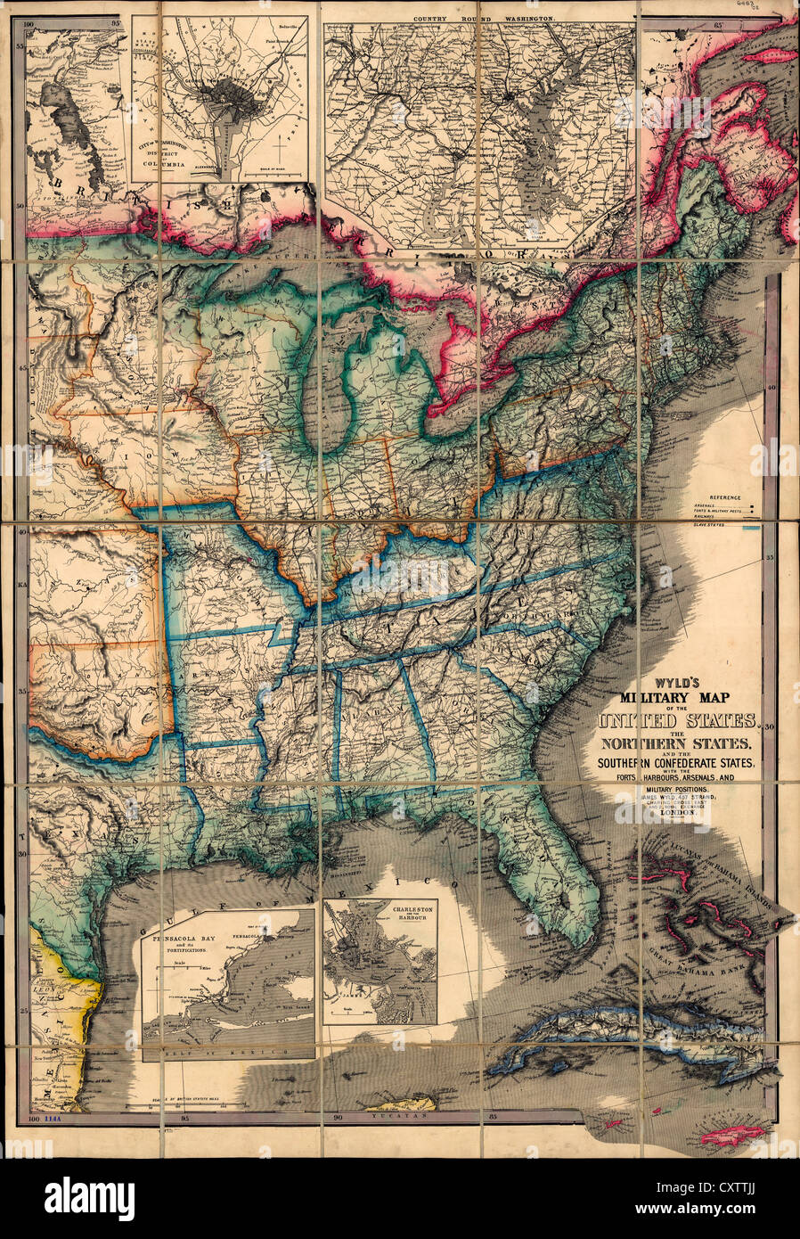 Il Wyld mappa militare degli Stati Uniti, con i forti, porti, gli arsenali, e posizioni militari. 1861 USA la guerra civile Foto Stock