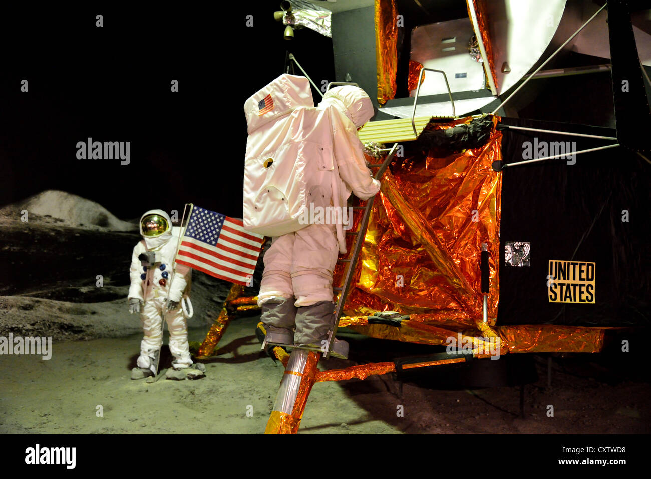 Visualizzazione di Stati Uniti Apollo lunar modulo di atterraggio. Spazio expo, Noordwijk, Paesi Bassi. Foto Stock