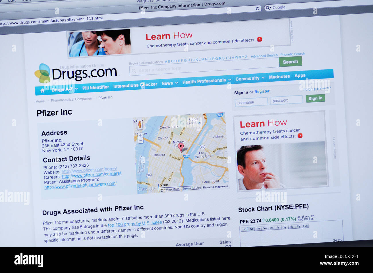 Sito web Drugs.com - online Pfizer informazioni sulla società Foto Stock