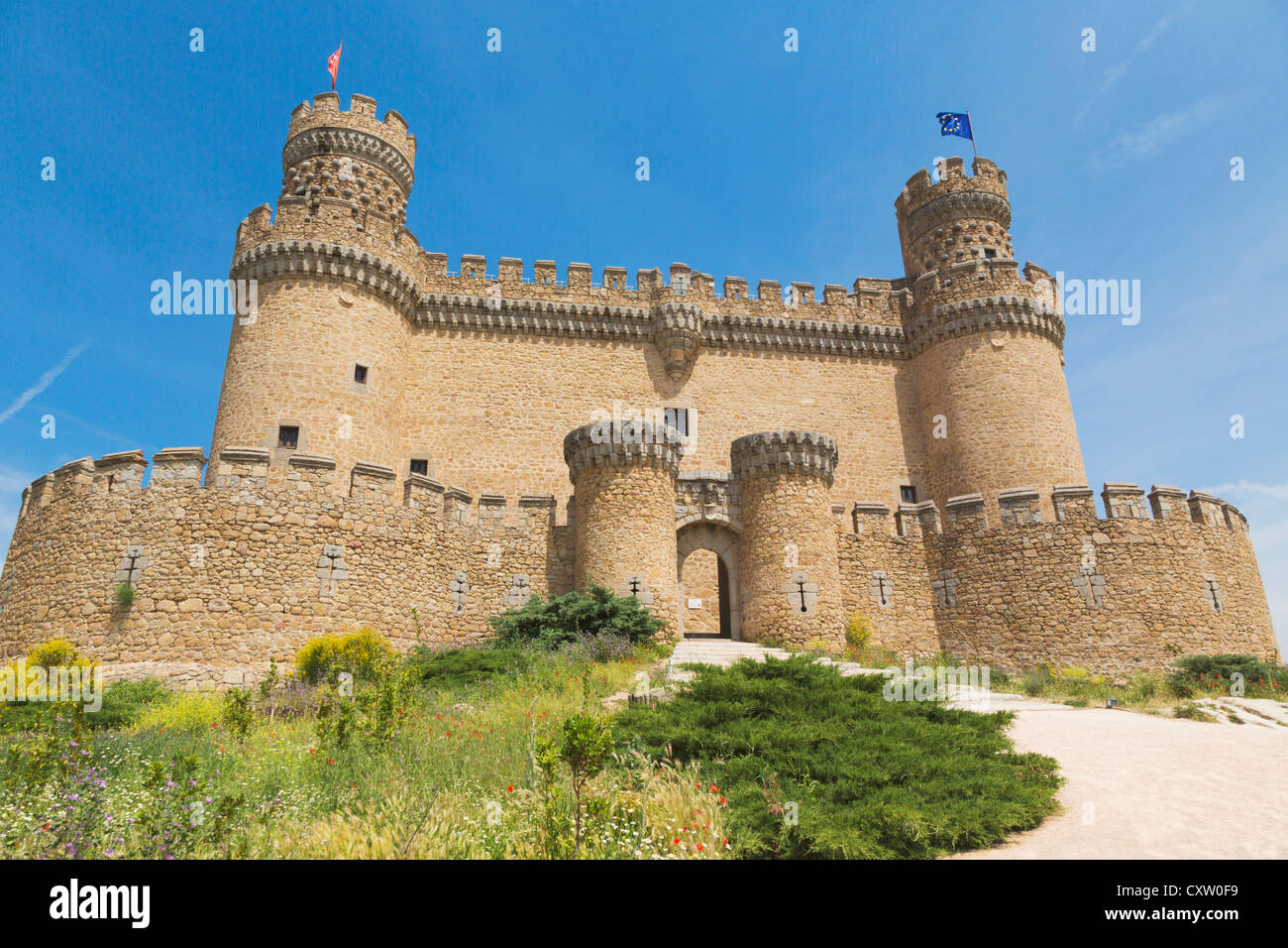 Manzanares el Real, Comunidad de Madrid, Spagna. Il castello del XV secolo di Mendoza. Foto Stock