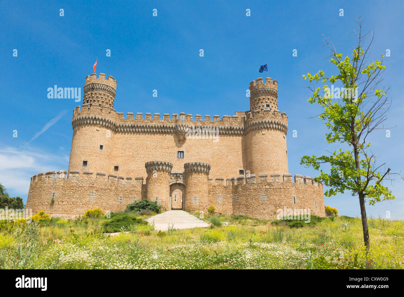 Manzanares el Real, Comunidad de Madrid, Spagna. Il castello del XV secolo di Mendoza. Foto Stock