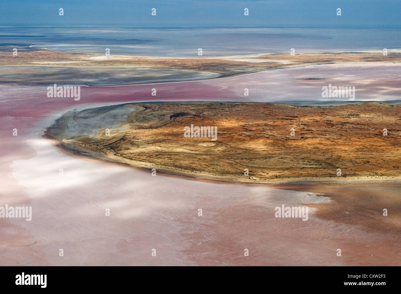 Aereo delle rare acque rosate del lago Eyre allagato. Foto Stock