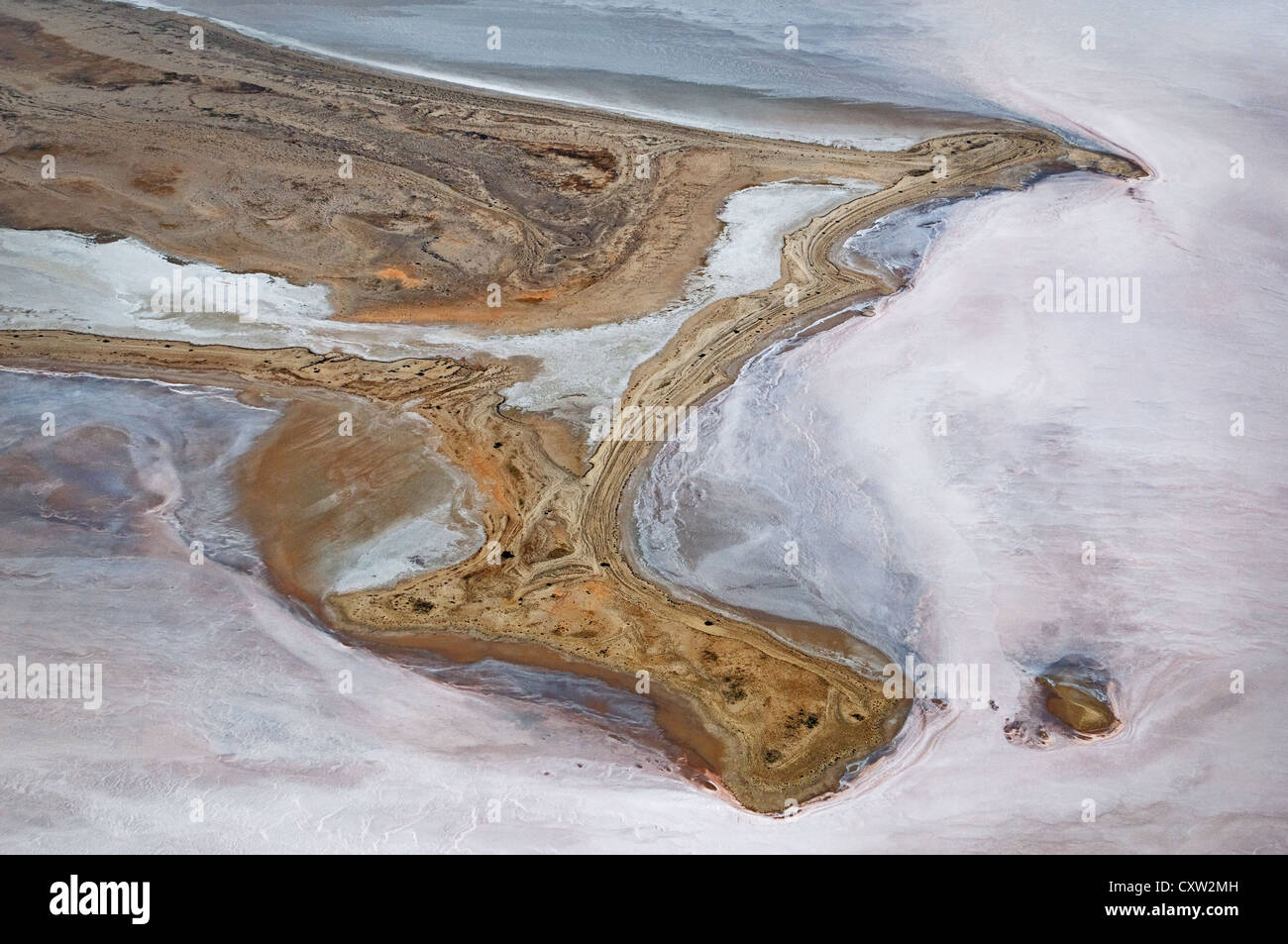 Foto aerea di acqua salata pinkish al lago Eyre. Foto Stock