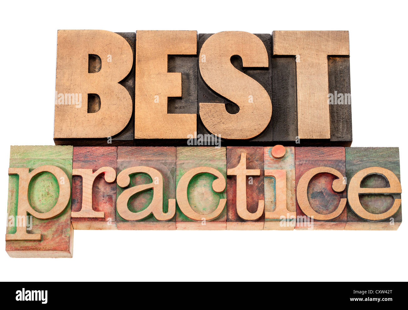Best practice - parole isolate in rilievografia vintage tipo legno Foto Stock
