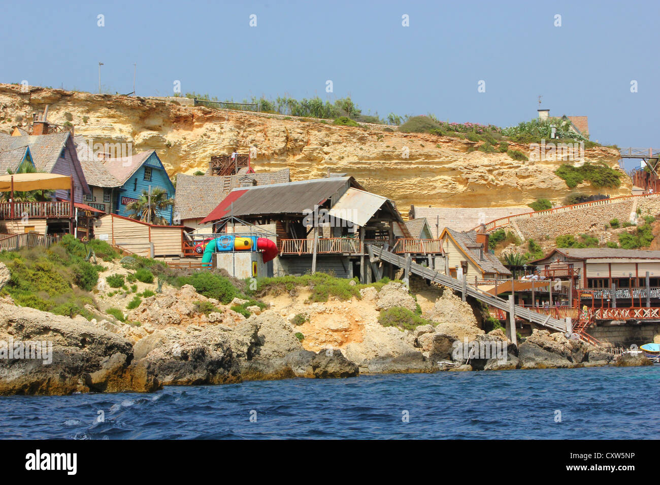 Viaggi di Malta, RF Popeye's Island, set cinematografico per il film con protagonista il famoso attore Robbie Williams Foto Stock