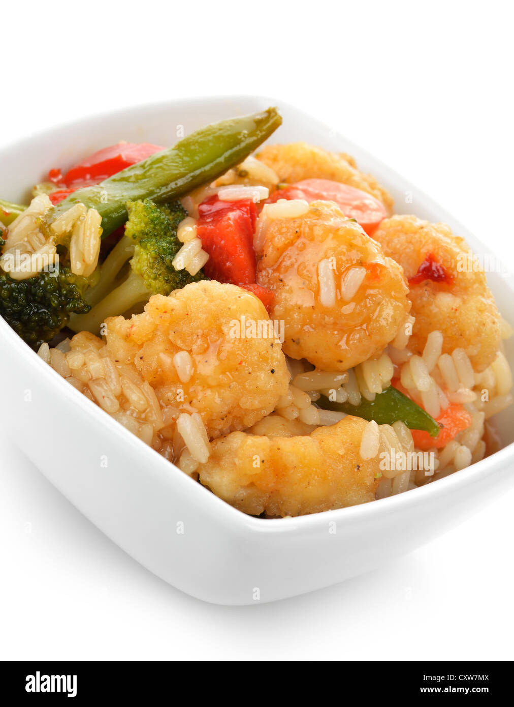 Dolce e aspro di pollo con riso e verdure Foto Stock