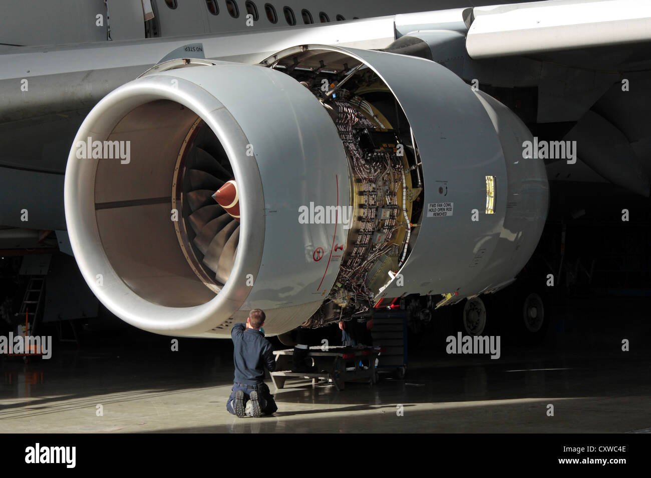 Il tecnico esegue la manutenzione su una Rolls Royce Trent 500 aeromobili jet. Ingegneria Aeronautica, knowledge worker, manodopera qualificata. Foto Stock