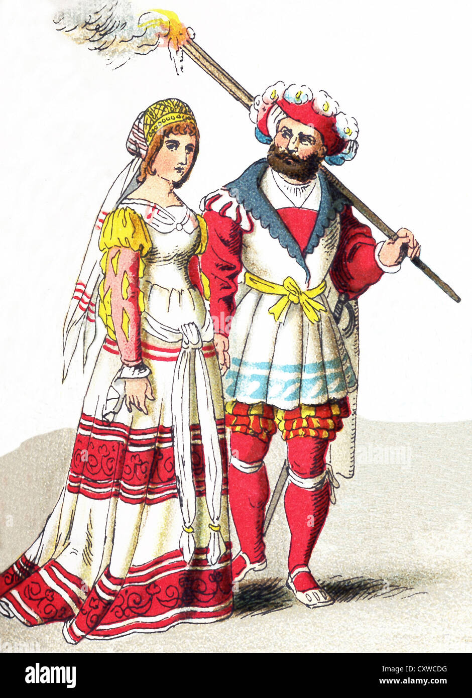 Le figure raffigurate qui rappresentano una coppia inglese di alto rango tra 1500 e 1550. L'illustrazione risale al 1882. Foto Stock