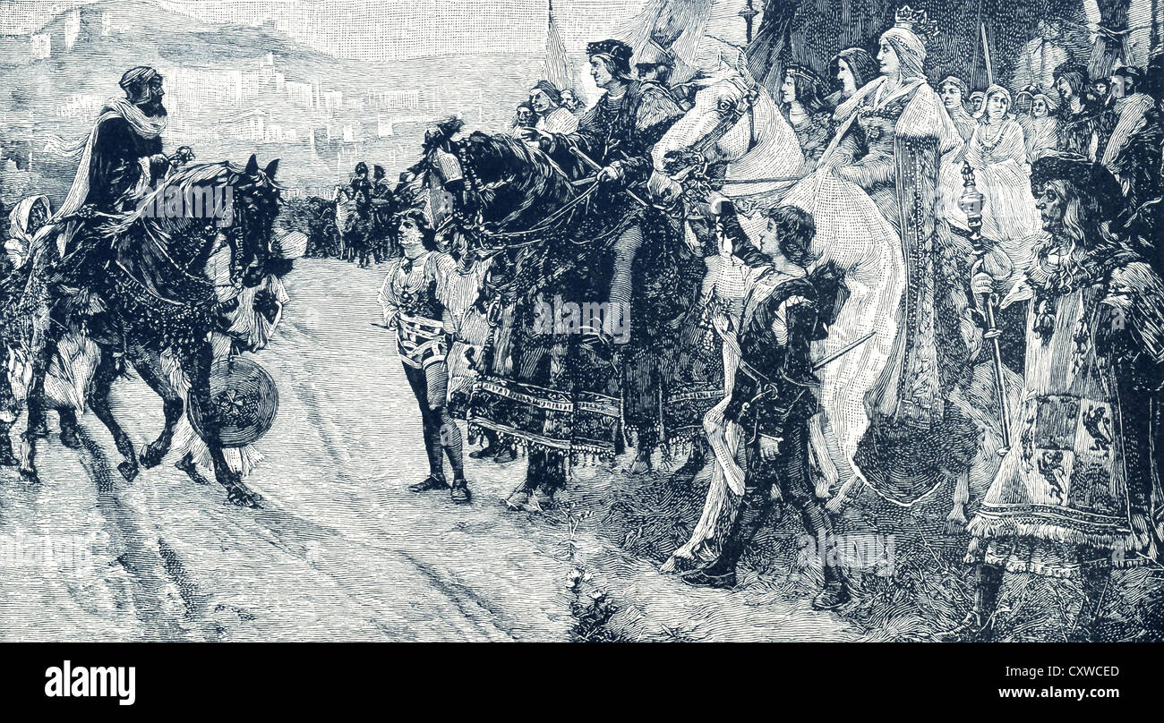 Boadil , che hanno governato Granada dal 1482 al 1492, è stato sconfitto da Ferdinando V e Isabella, monarchi cattolici. e rinuncia. Foto Stock