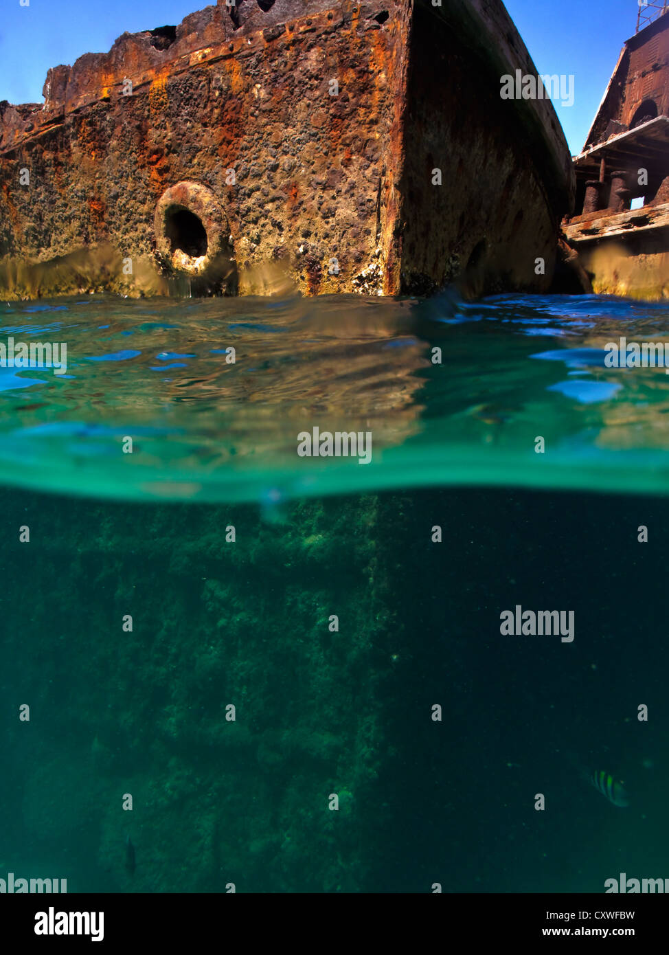 Rusty scafi di relitti di navi naufragate a Moreton Island, in australia fotografato dal subacqueo a livello dell'acqua metà immersa nel mare turchese Foto Stock