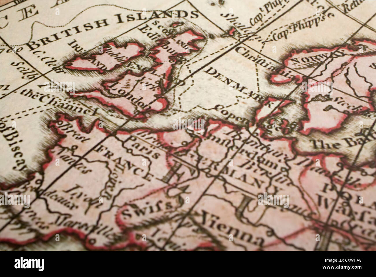 Vecchia mappa della Gran Bretagna e in Europa con la messa a fuoco su Londra. Mappa è dal 1786 ed è al di fuori del diritto d'autore. Foto Stock
