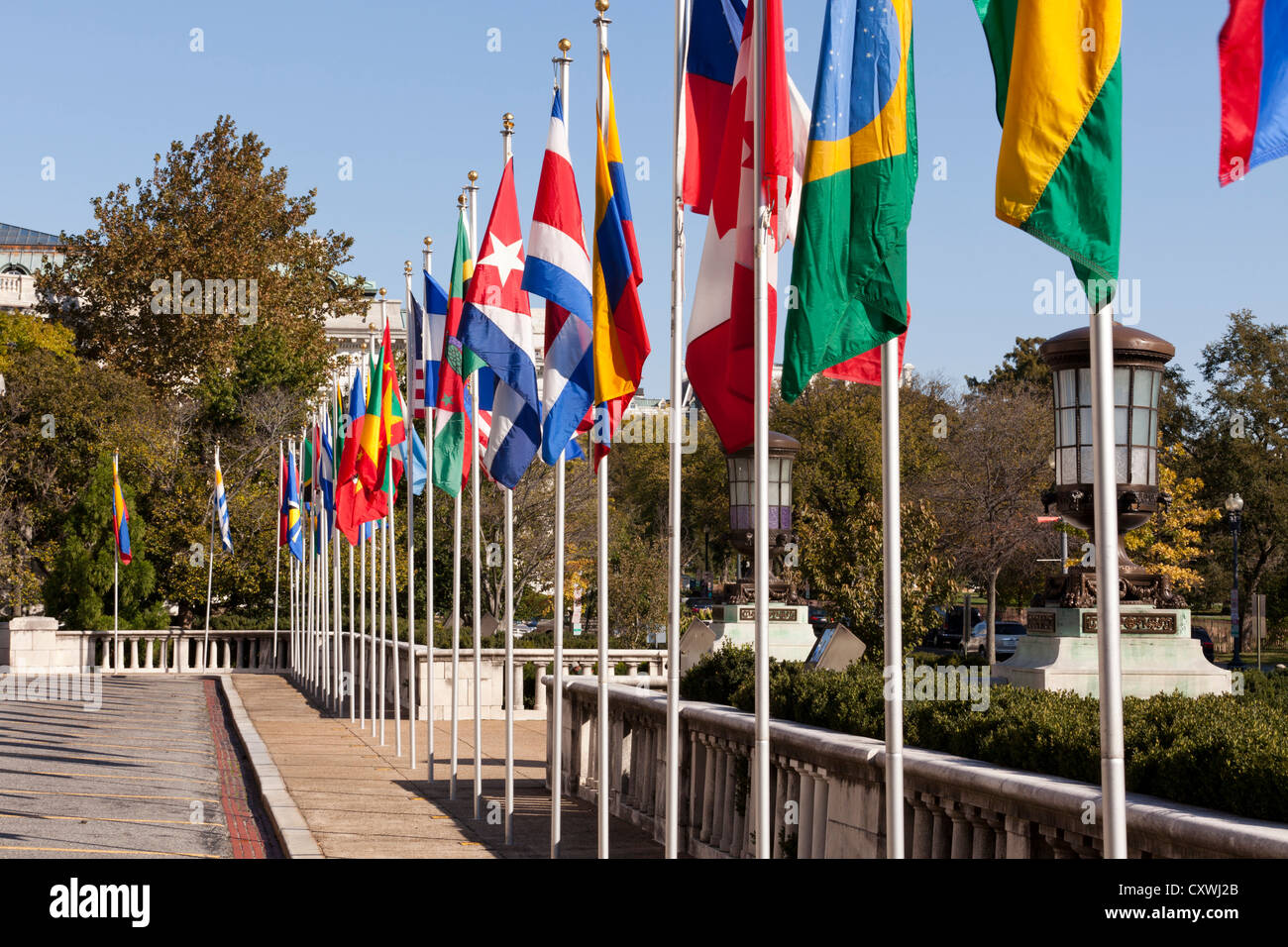 Multi bandiere nazionali su pali Foto Stock