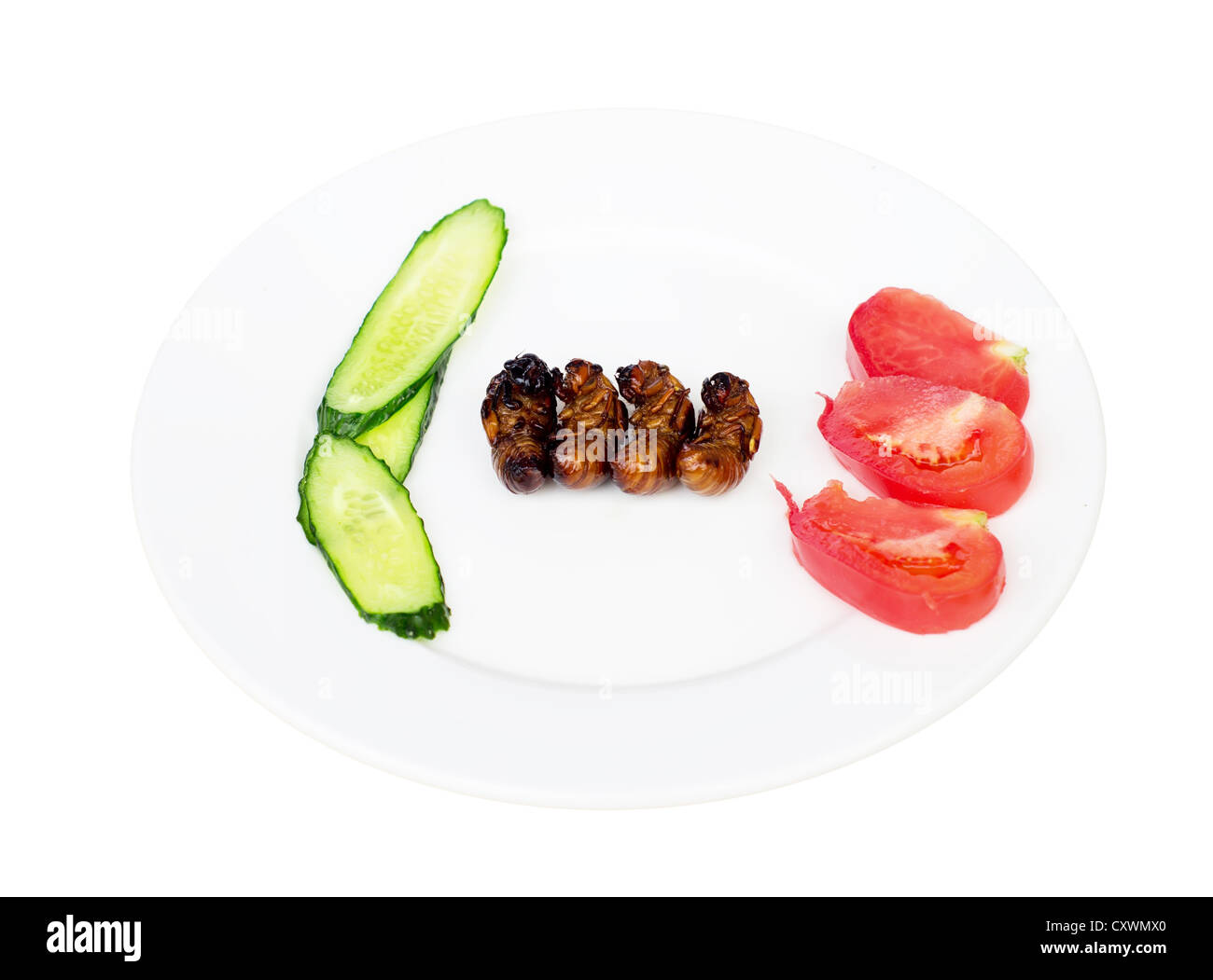 Cicale fritte larve nel piatto Foto Stock