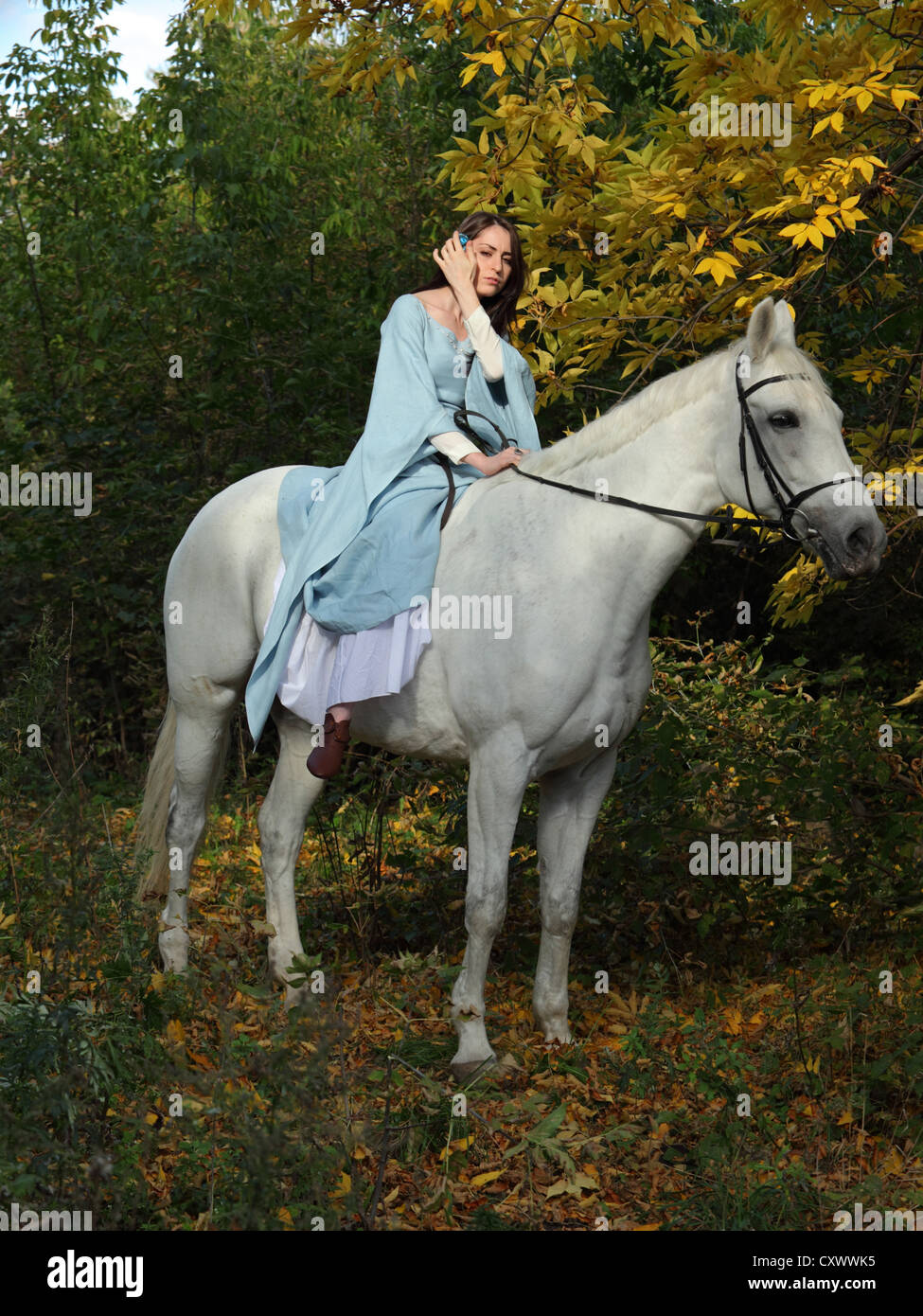 La donna in un bellissimo vecchio stile medievale e abito a cavallo nei boschi di colore giallo Foto Stock