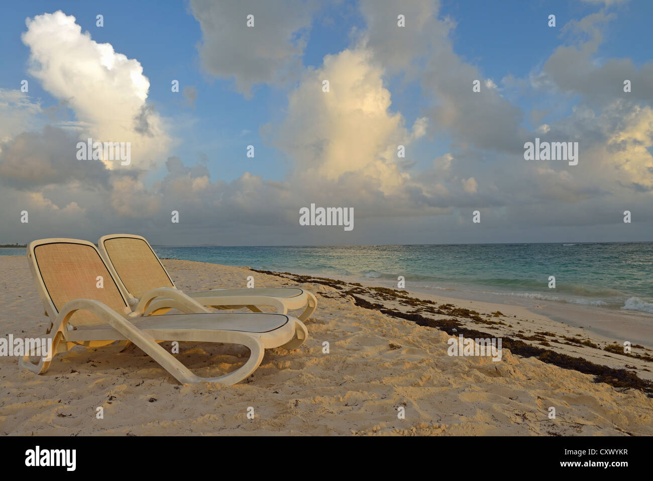 Lettini sulla spiaggia tropicale di sunrise, Punta Cana Repubblica Dominicana Foto Stock