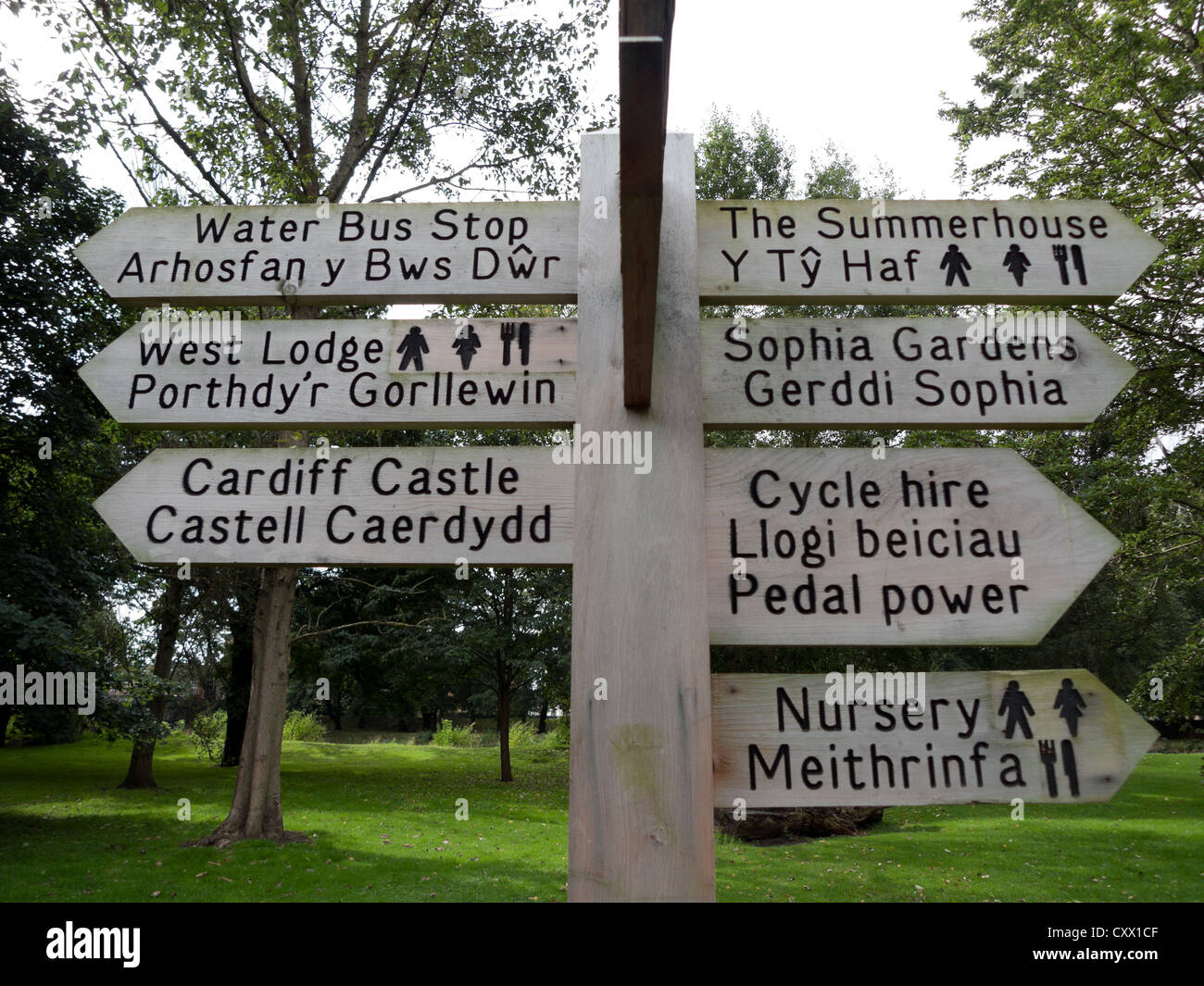 Segno indirizzare i visitatori verso le destinazioni in Bute Park adiacente al Castello di Cardiff a Cardiff Wales UK Foto Stock