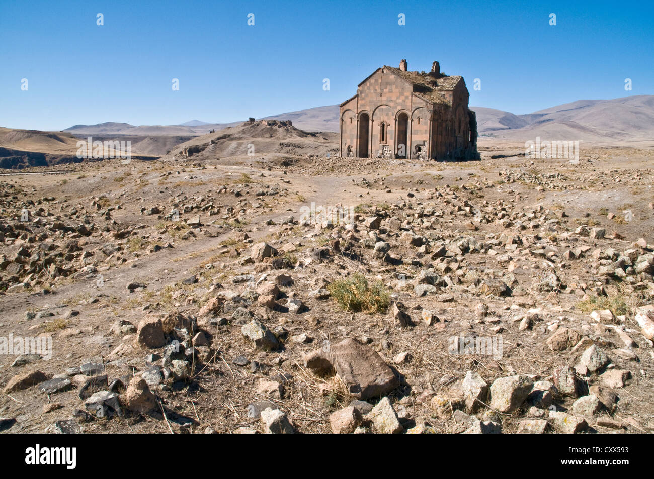 La cattedrale del XI secolo e il VII secolo la fortezza (dietro di esso) nel medievale città armena di Ani, in Turchia. Foto Stock