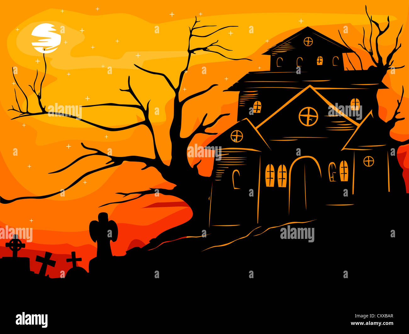 Halloween illustrazione con la silhouette di una Haunted House incorniciata dal rossastro al tramonto arancione Foto Stock