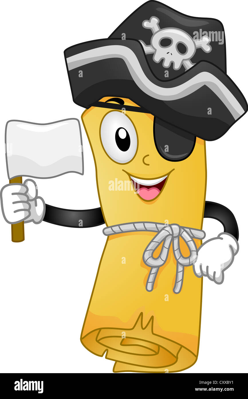 Il Mascot illustrazione di un tesoro dei pirati Mappa tenendo una bandiera Foto Stock