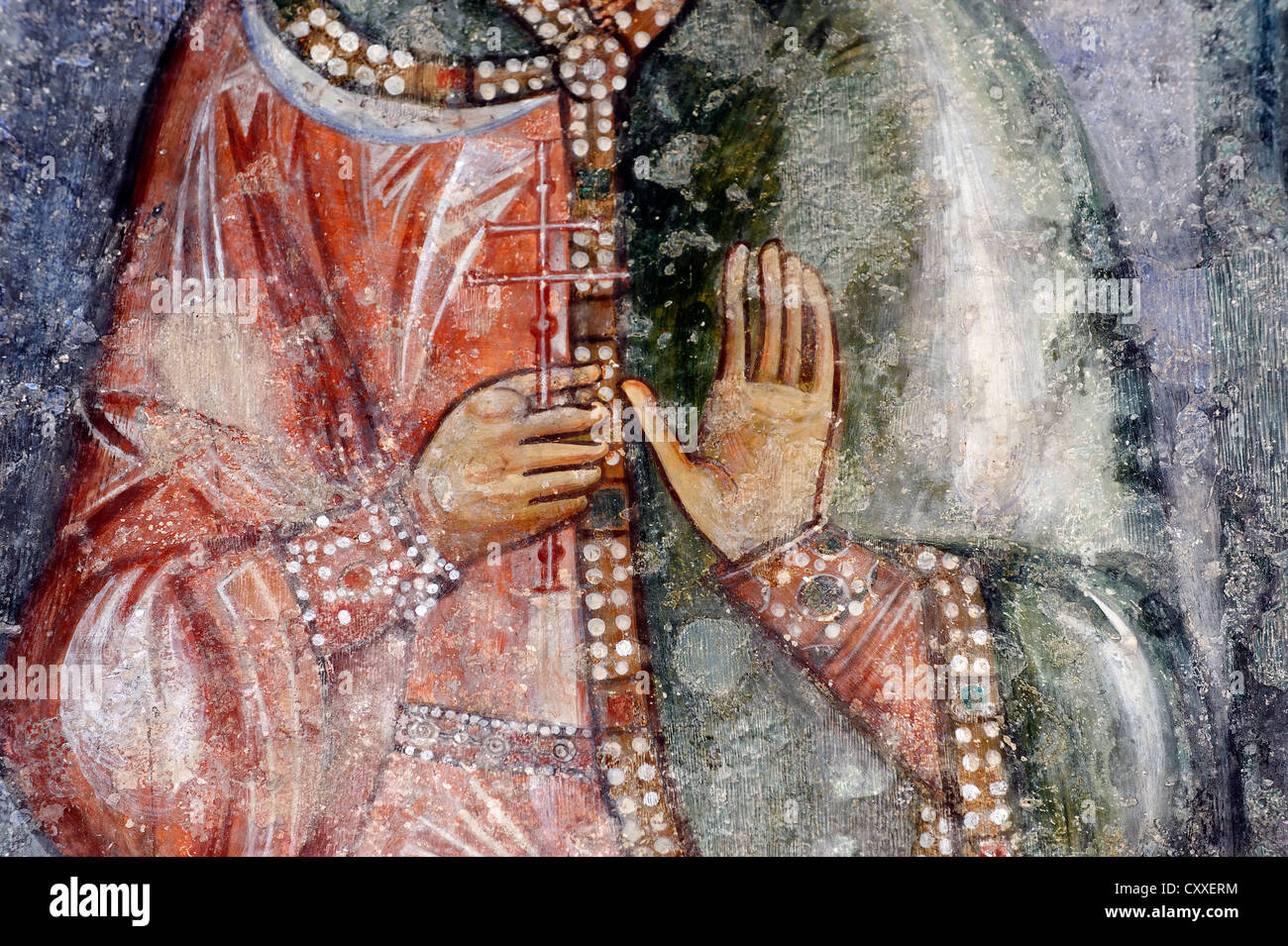 Presumibilmente San Paraskeva, Pyatnitsa, affresco nella chiesa dei Crociati, Abbazia benedettina, Abbaye Sainte Marie de la Risurrezione Foto Stock