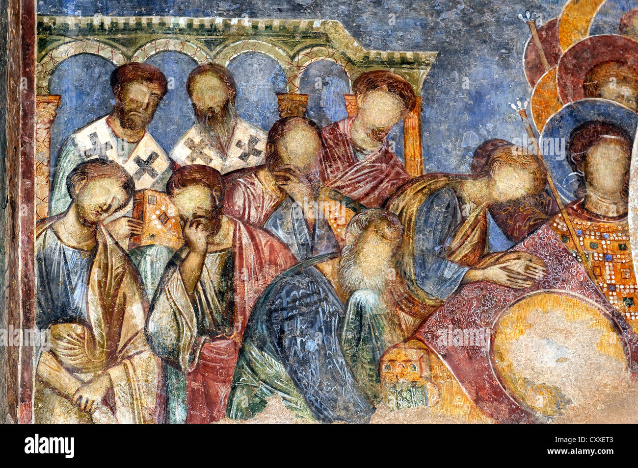 Vergine Maria della morte, con gli Apostoli, affresco nella chiesa dei Crociati, Abbazia benedettina, Abbaye Sainte Marie de la Risurrezione Foto Stock