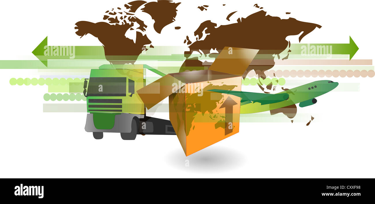 Cartone scatola di spedizione con il carrello, aereo e la mappa del mondo per le spedizioni internazionali Foto Stock