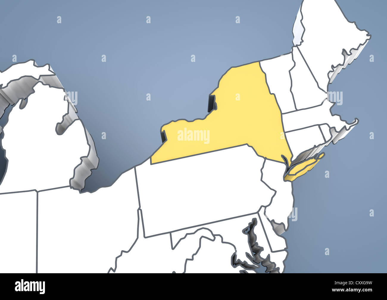 Mappa dello Stato di New York, NY, STATI UNITI D'AMERICA, Stati Uniti d'America, contorno, 3D illustrazione Foto Stock