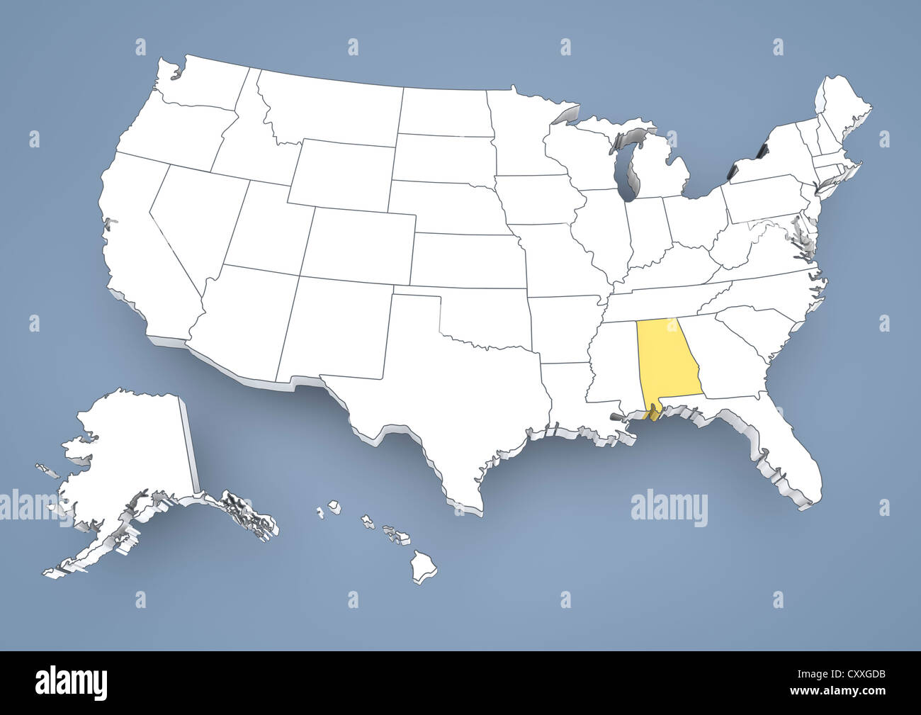 In Alabama, AL, evidenziato su una mappa di contorno di Stati Uniti d'America, Stati Uniti d'America, 3D illustrazione Foto Stock
