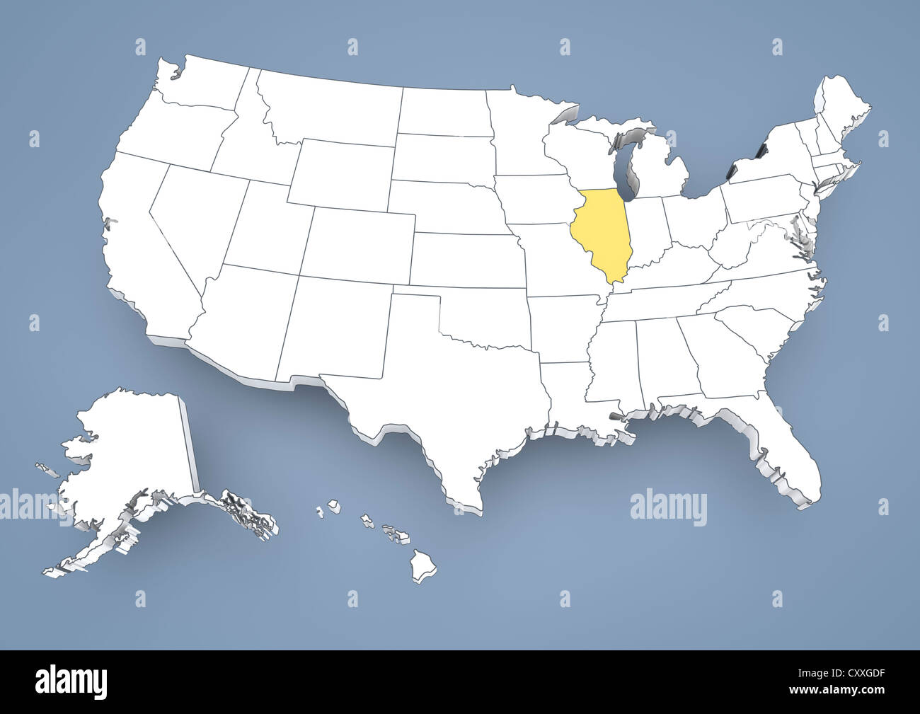 Illinois, IL, evidenziato su una mappa di contorno di Stati Uniti d'America, Stati Uniti d'America, 3D illustrazione Foto Stock