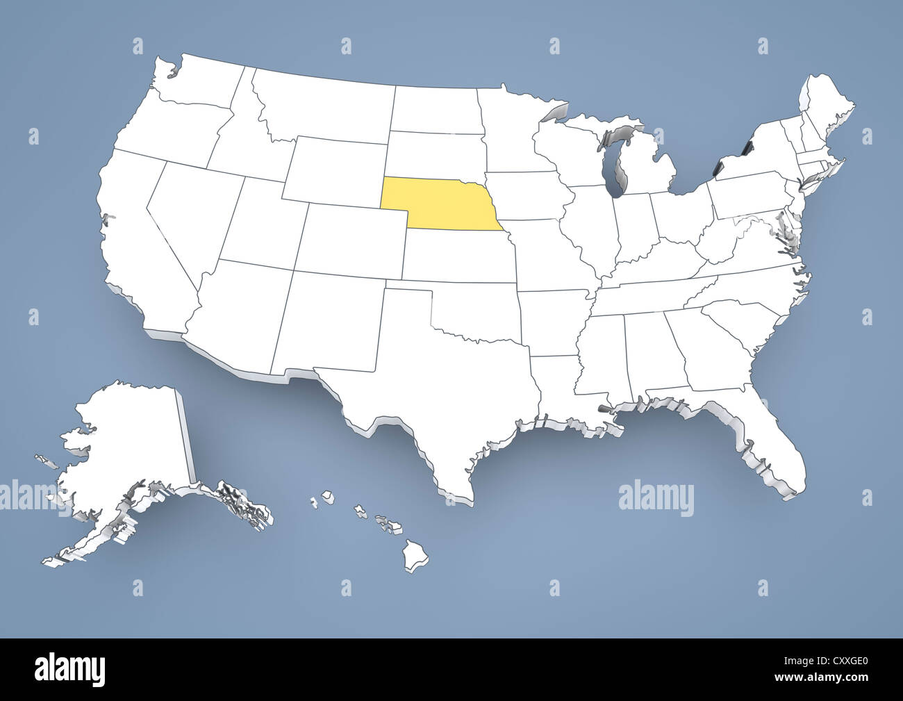 Il Nebraska, NE, evidenziato su una mappa di contorno di Stati Uniti d'America, Stati Uniti d'America, 3D illustrazione Foto Stock