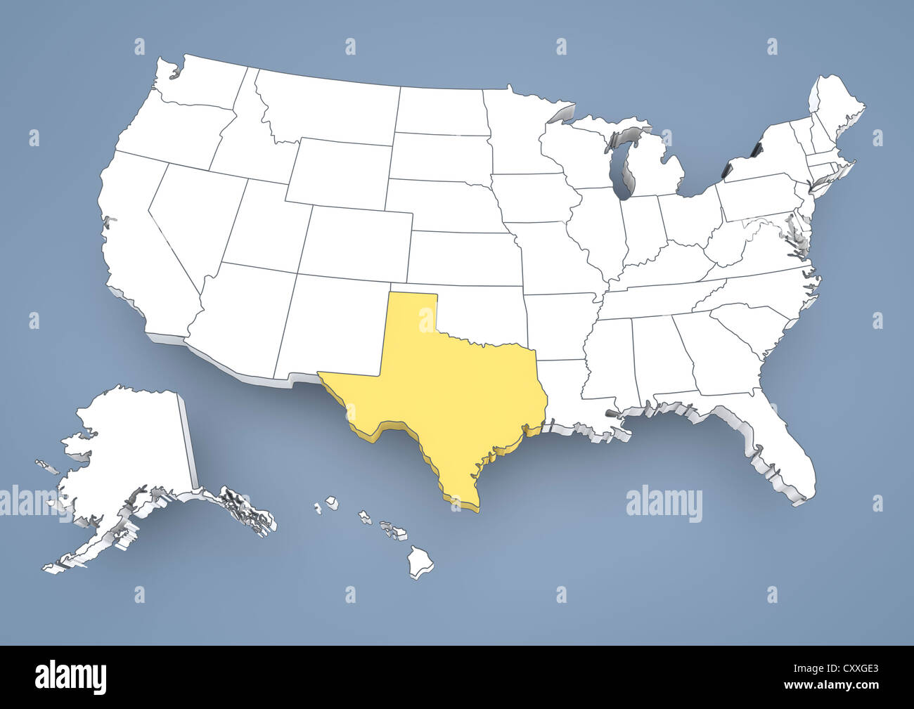 Texas, TX, evidenziato su una mappa di contorno di Stati Uniti d'America, Stati Uniti d'America, 3D illustrazione Foto Stock