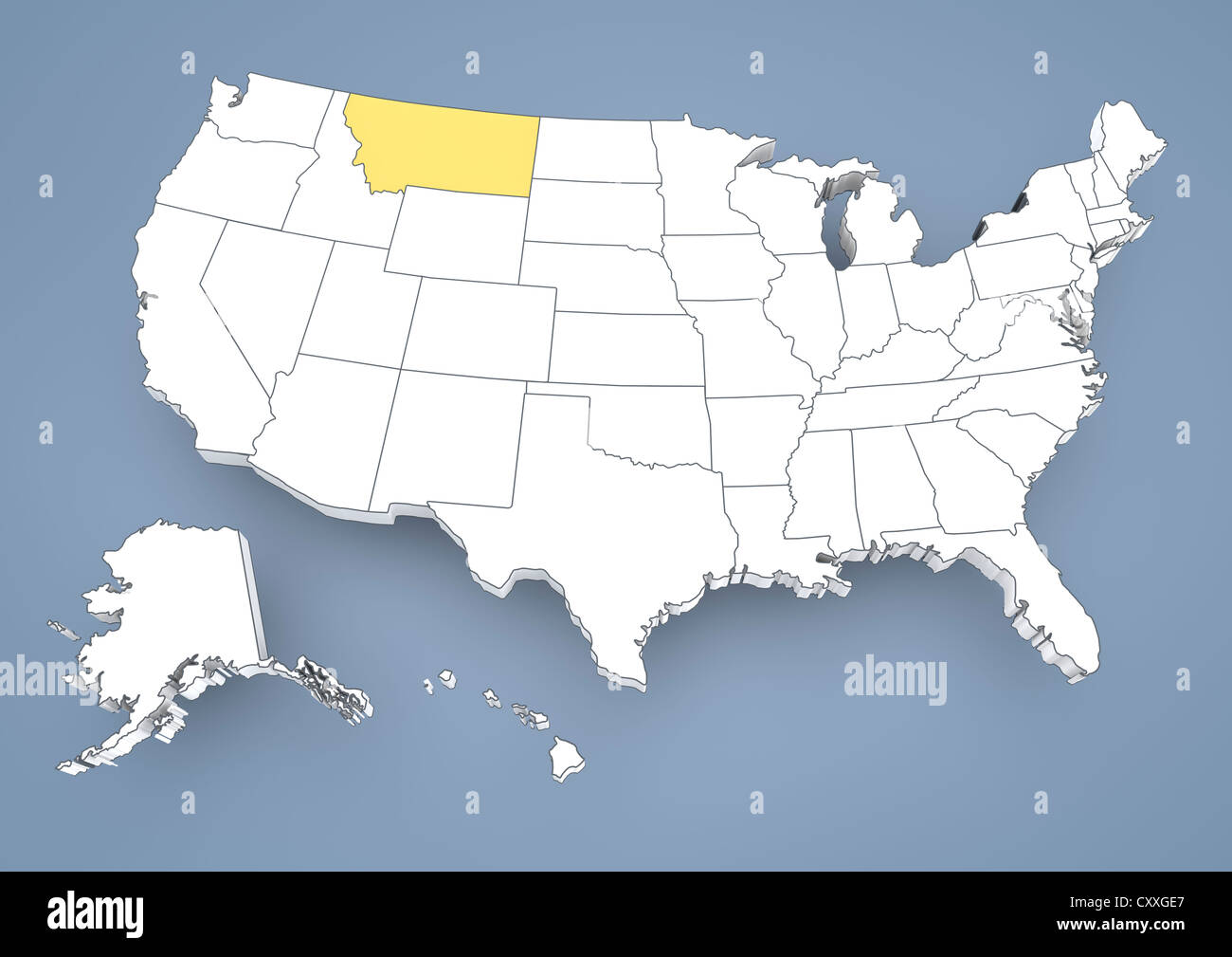 Montana, MT, evidenziato su una mappa di contorno di Stati Uniti d'America, Stati Uniti d'America, 3D illustrazione Foto Stock