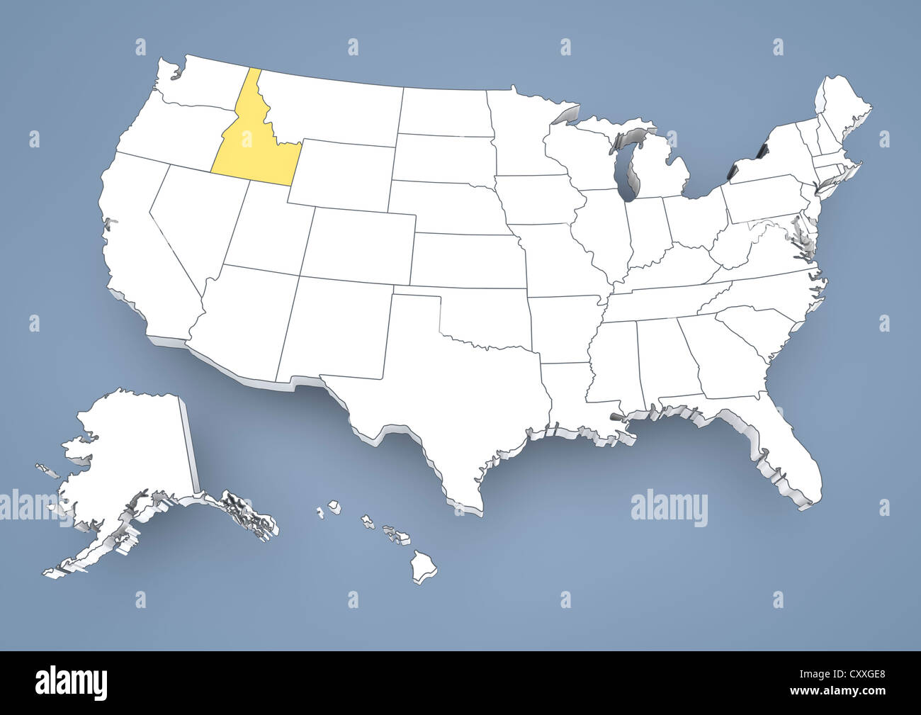 Idaho, ID, evidenziato su una mappa di contorno di Stati Uniti d'America, Stati Uniti d'America, 3D illustrazione Foto Stock
