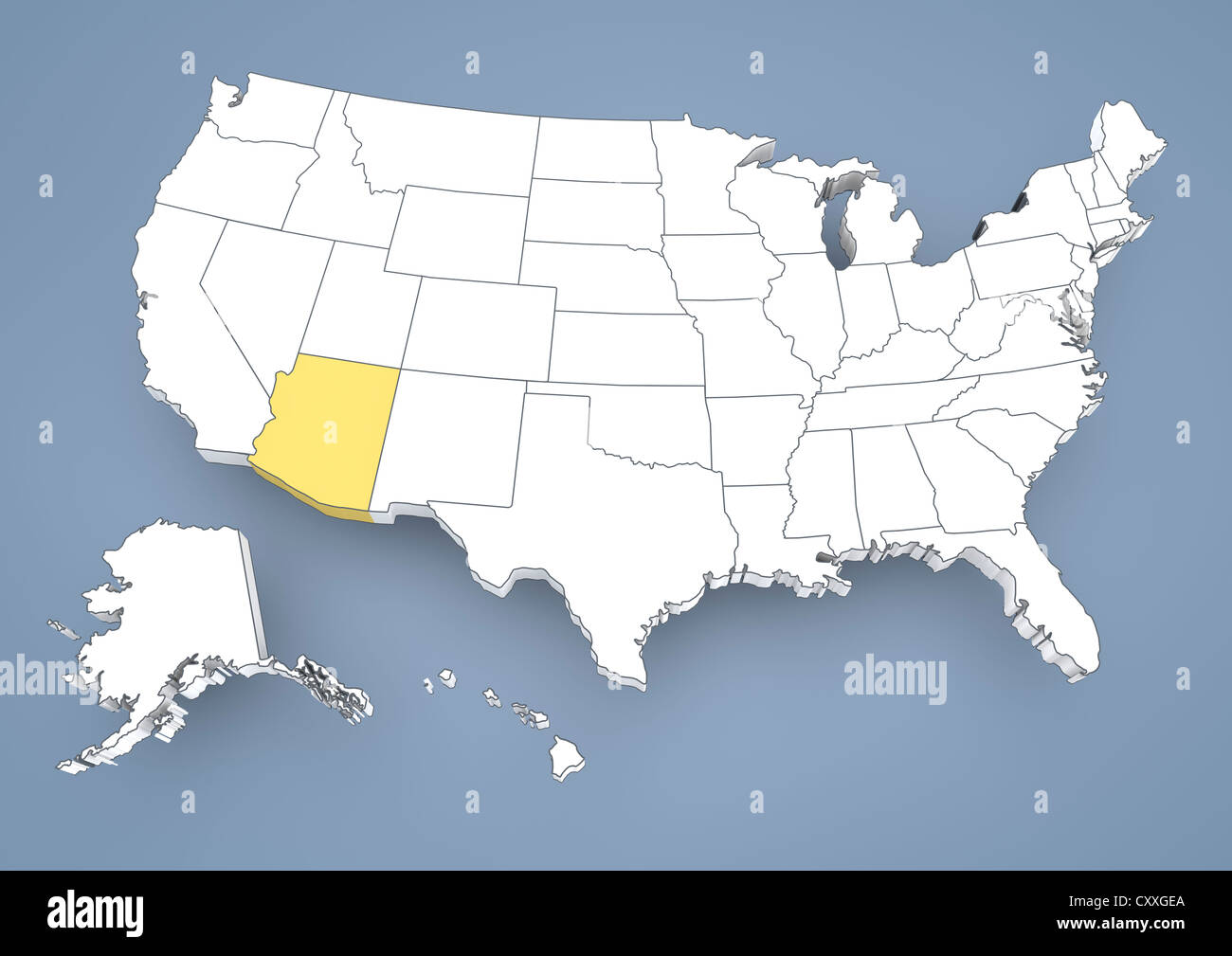 Arizona, AZ, evidenziato su una mappa di contorno di Stati Uniti d'America, Stati Uniti d'America, 3D illustrazione Foto Stock