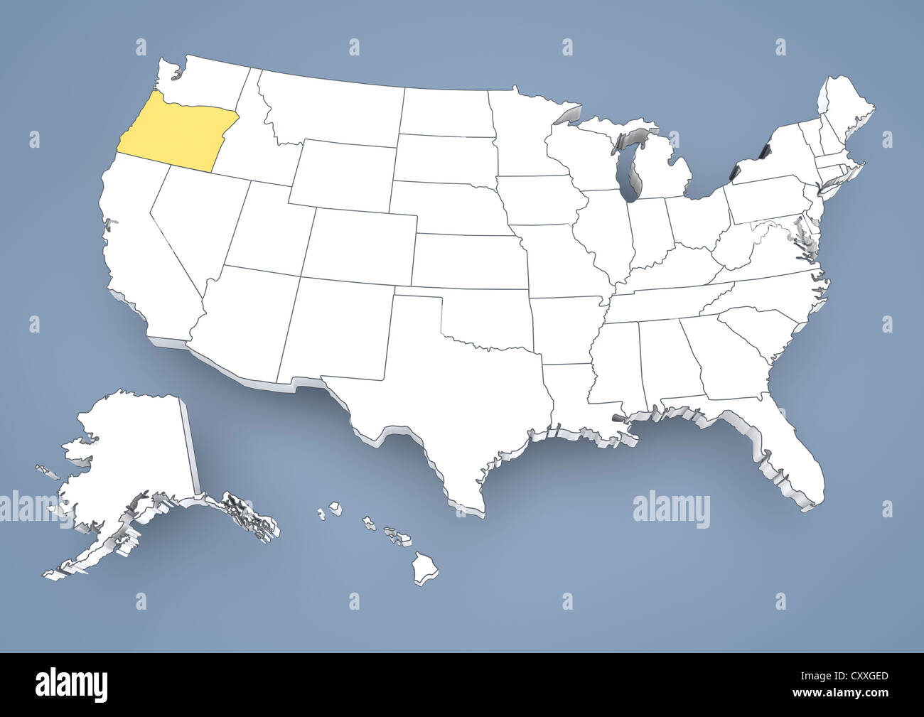 Oregon o, evidenziato su una mappa di contorno di Stati Uniti d'America, Stati Uniti d'America, 3D illustrazione Foto Stock