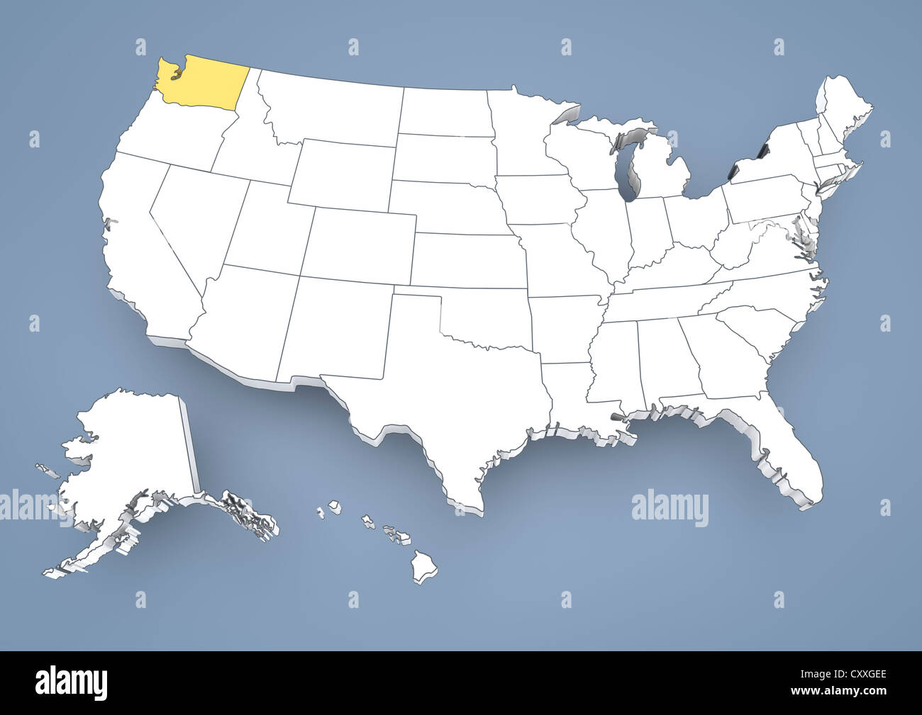 Washington, WA, evidenziato su una mappa di contorno di Stati Uniti d'America, Stati Uniti d'America, 3D illustrazione Foto Stock