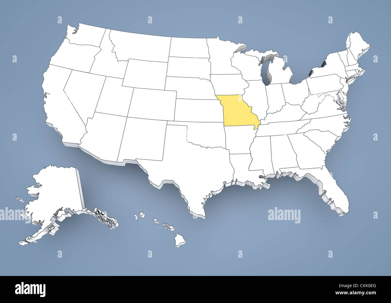 Missouri, MO, evidenziato su una mappa di contorno di Stati Uniti d'America, Stati Uniti d'America, 3D illustrazione Foto Stock