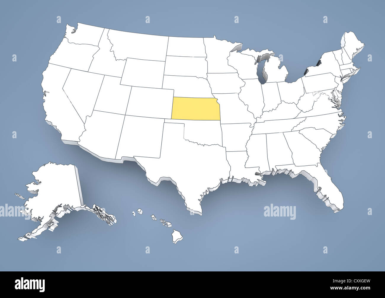 Kansas, KS, evidenziato su una mappa di contorno di Stati Uniti d'America, Stati Uniti d'America, 3D illustrazione Foto Stock