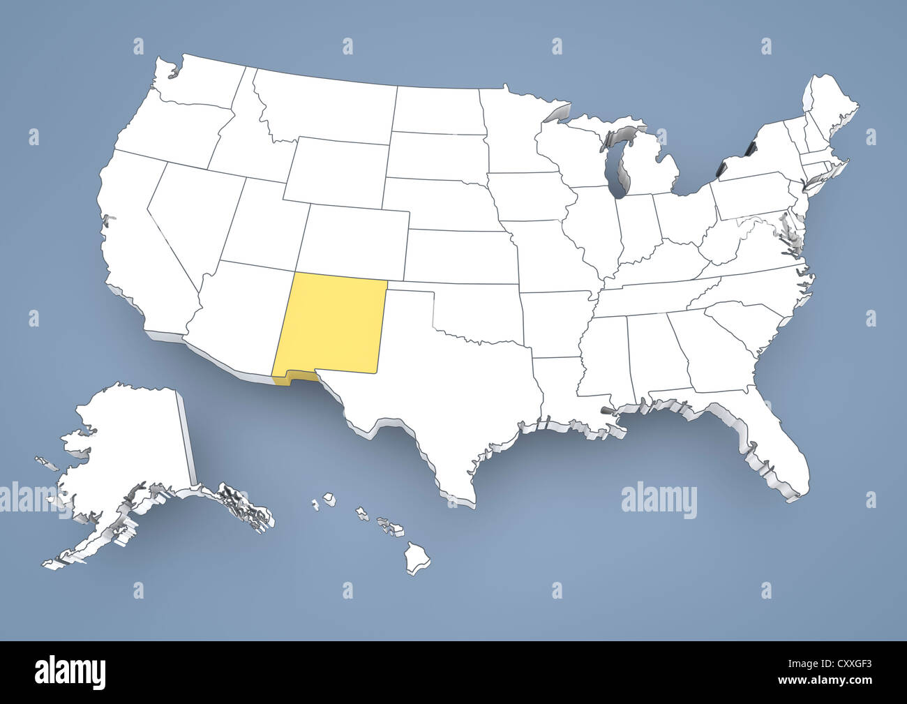 Nuovo Messico, NM, evidenziato su una mappa di contorno di Stati Uniti d'America, Stati Uniti d'America, 3D illustrazione Foto Stock