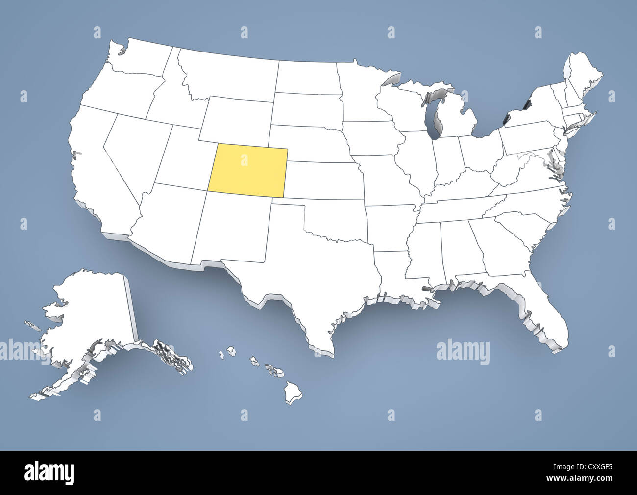 Colorado, CO, evidenziato su una mappa di contorno di Stati Uniti d'America, Stati Uniti d'America, 3D illustrazione Foto Stock