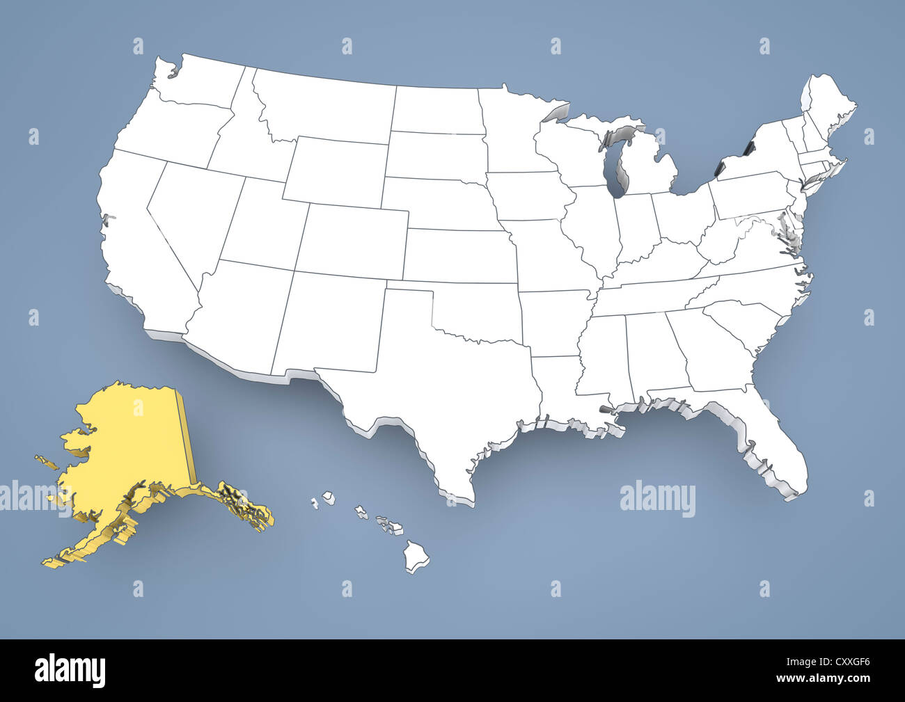 Alaska, AK, evidenziato su una mappa di contorno di Stati Uniti d'America, Stati Uniti d'America, 3D illustrazione Foto Stock