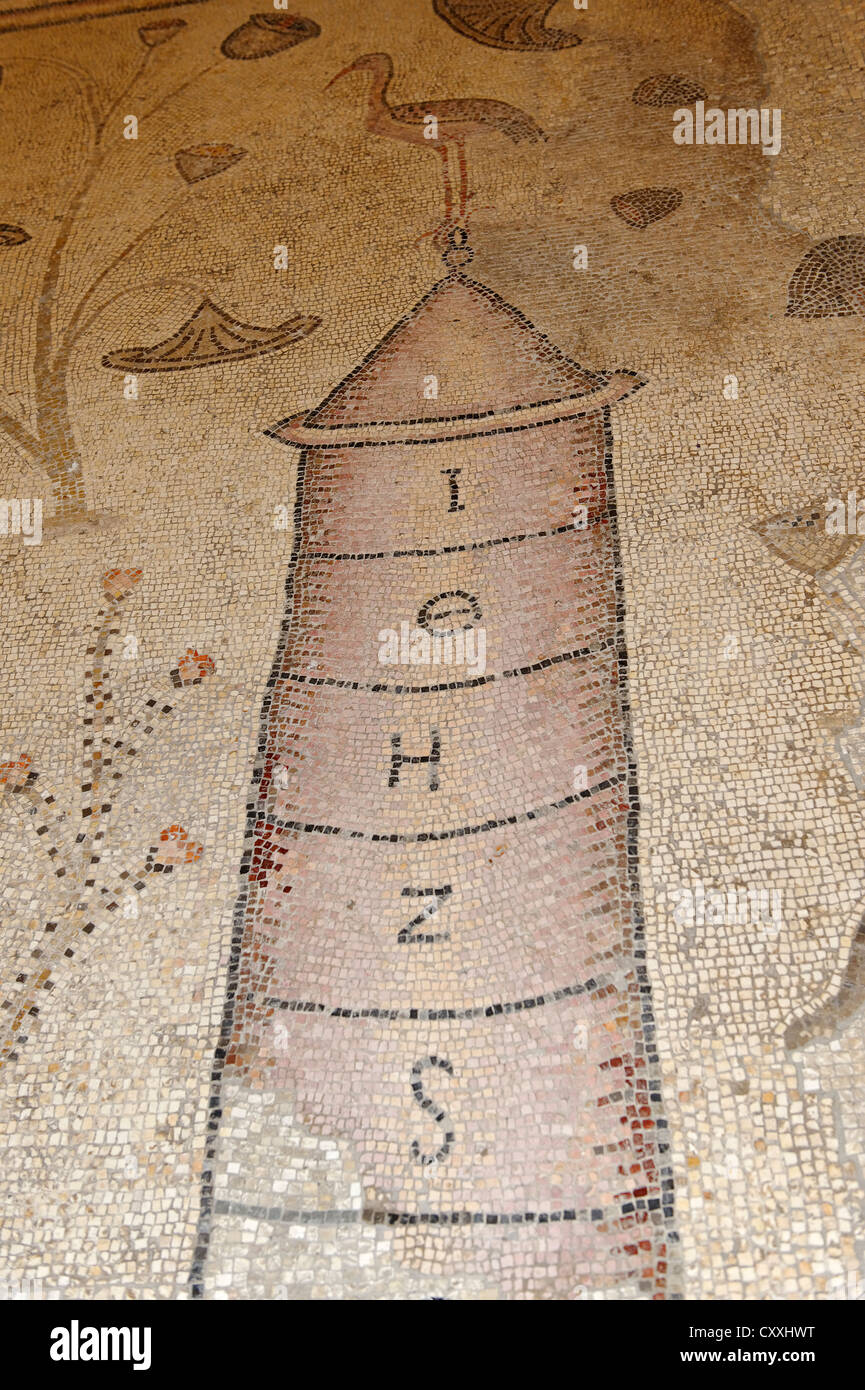 Pavimento a mosaico, VI secolo, Nilometer, chiesa di moltiplicazione, Tabgha, presso il mare di Galilea, Genezaret Yam Kinneret Foto Stock