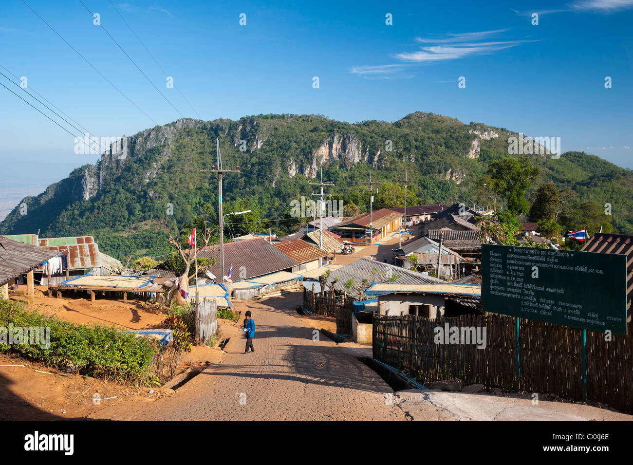 Case dal tetto di ferro corrugato, strada, villaggio di Akha hill tribe, Santikhiri o Mae Salong area, provincia di Chiang Rai Foto Stock