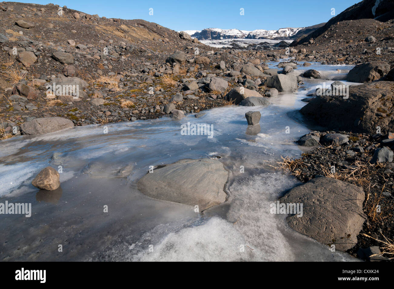 Flusso congelato, lingua del ghiacciaio di Sólheimajoekull, Mýrdalsjoekull ghiacciaio, Suðurland, Sud Islanda, Islanda, Europa Foto Stock
