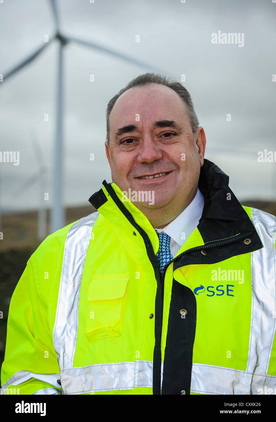 Il diritto on. Alex Salmond MSP Primo Ministro di Scozia in apertura di Clyde Wind Farm in South Lanarkshire Foto Stock