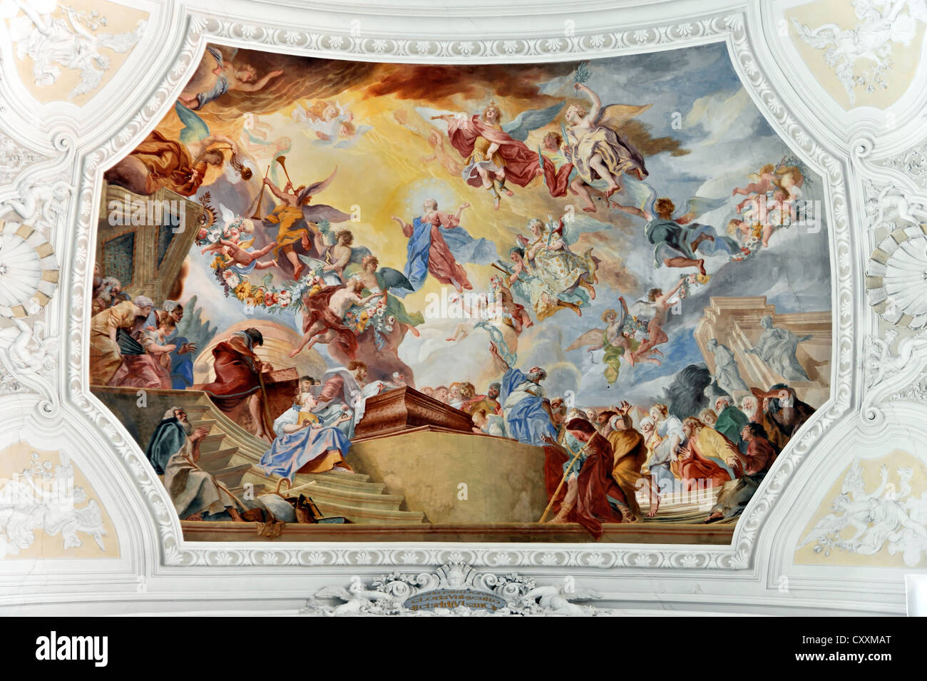 Stucco e soffitto affrescato da Cosmas Damian Asam, Basilica di San Martino a Weingarten, Baden-Wuerttemberg Foto Stock