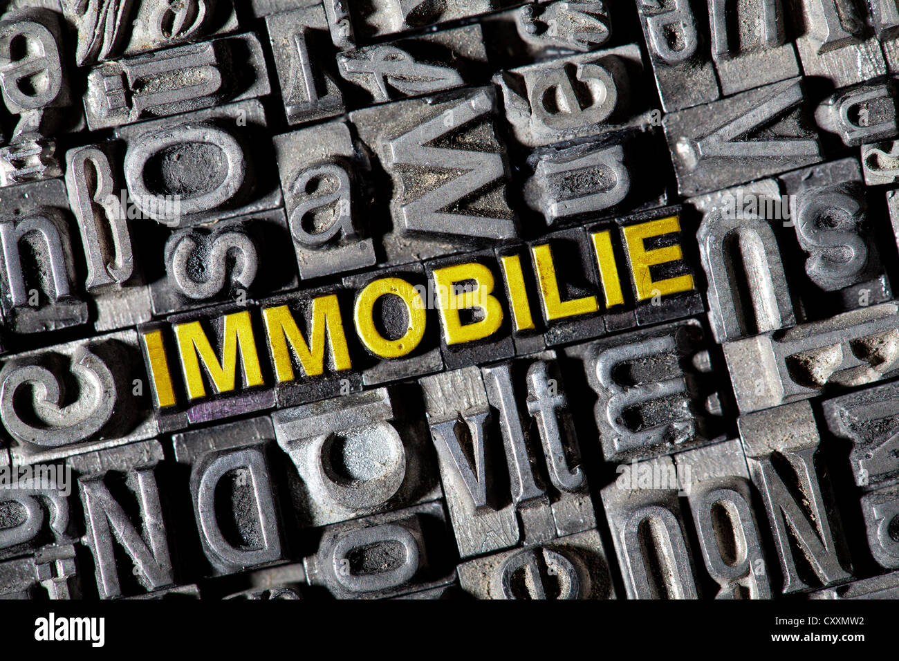 Vecchio lettere che compongono la parola Immobilie, Tedesco per immobili Foto Stock